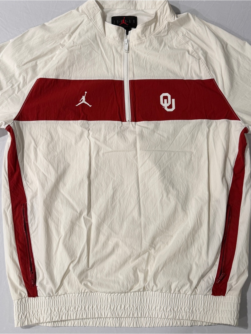 Jordan White and Crimson Half-Zip Windbreaker with OU Logo